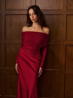 Discount Off-Shoulder Ruched Satin Panel Dress Dresses