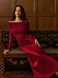 Discount Off-Shoulder Ruched Satin Panel Dress Dresses