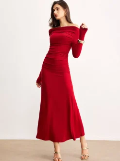 Sale Off-Shoulder Ruffle Knit Dress Sweater Dresses|Casual Dresses