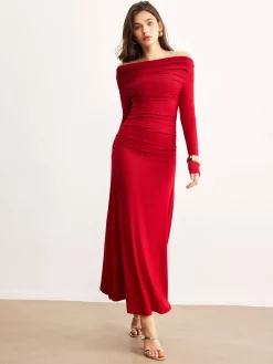 Sale Off-Shoulder Ruffle Knit Dress Sweater Dresses|Casual Dresses