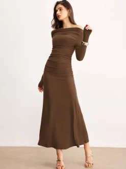 Sale Off-Shoulder Ruffle Knit Dress Sweater Dresses|Casual Dresses