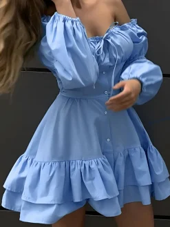 Sale Off-Shoulder Ruffle Trim Short Dress Casual Dresses|Summer Dresses