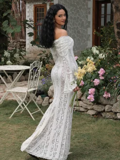 Sale Off-Shoulder Ruffle-Cuff Lace Long Dress Dresses
