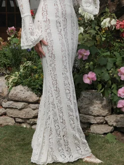 Sale Off-Shoulder Ruffle-Cuff Lace Long Dress Dresses