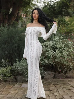 Sale Off-Shoulder Ruffle-Cuff Lace Long Dress Dresses