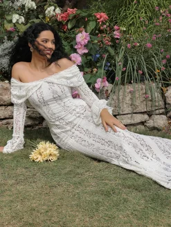 Sale Off-Shoulder Ruffle-Cuff Lace Long Dress Dresses
