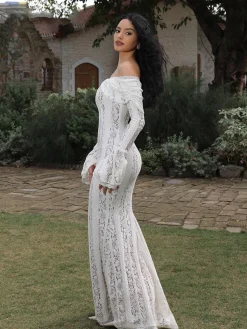 Sale Off-Shoulder Ruffle-Cuff Lace Long Dress Dresses