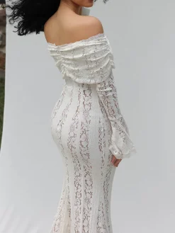 Sale Off-Shoulder Ruffle-Cuff Lace Long Dress Dresses