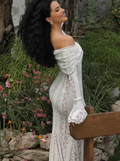 Sale Off-Shoulder Ruffle-Cuff Lace Long Dress Dresses