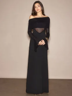 Best Off-Shoulder Sheer Panel Dress Black Dresses|Casual Dresses