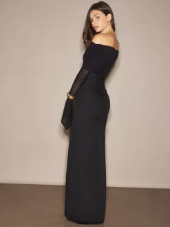 Best Off-Shoulder Sheer Panel Dress Black Dresses|Casual Dresses
