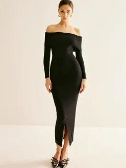 Outlet Off-Shoulder Split Sweater Dress Black Dresses|Sweater Dresses