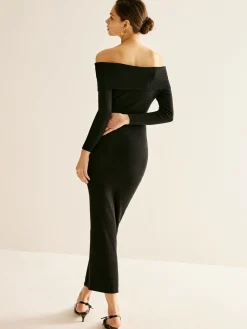 Outlet Off-Shoulder Split Sweater Dress Black Dresses|Sweater Dresses