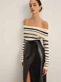 Clearance Off-Shoulder Striped Slim Sweater Sweater Tops|Sweaters & Cardigans
