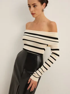 Clearance Off-Shoulder Striped Slim Sweater Sweater Tops|Sweaters & Cardigans