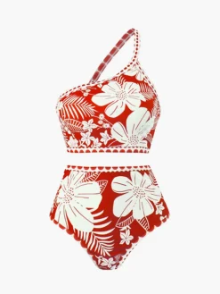 Clearance One Shoulder Floral Bikini Set Swimwear|Tops