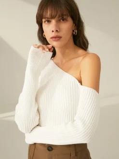 One Shoulder Long Sleeve Ribbed Pullover Sweater Sweater Tops|Sweaters & Cardigans