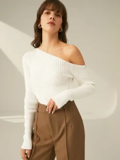 One Shoulder Long Sleeve Ribbed Pullover Sweater Sweater Tops|Sweaters & Cardigans