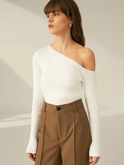 One Shoulder Long Sleeve Ribbed Pullover Sweater Sweater Tops|Sweaters & Cardigans