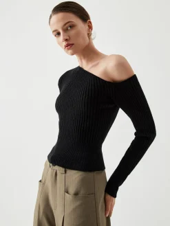 One Shoulder Long Sleeve Ribbed Pullover Sweater Sweater Tops|Sweaters & Cardigans