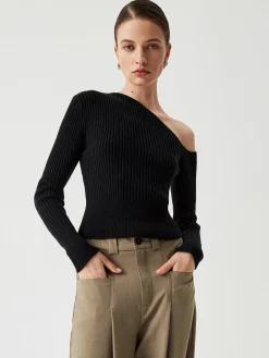 One Shoulder Long Sleeve Ribbed Pullover Sweater Sweater Tops|Sweaters & Cardigans