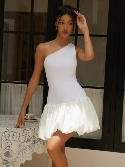 Online One Shoulder Off Bodycon Short Dress White Dresses|Vacation Dresses