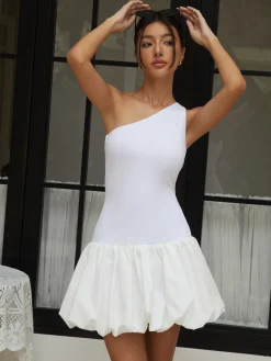 Online One Shoulder Off Bodycon Short Dress White Dresses|Vacation Dresses
