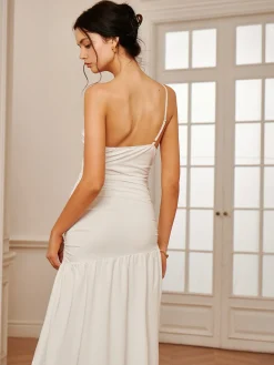 Online One Shoulder Pleated Split Long Dress White Dresses|Casual Dresses