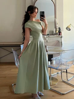 Outlet One Shoulder Pleated Split Long Dress Work Dresses|Vacation Dresses