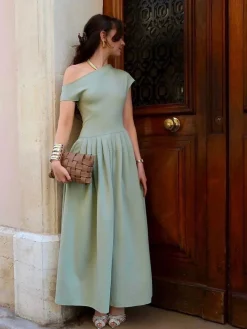 Outlet One Shoulder Pleated Split Long Dress Work Dresses|Vacation Dresses