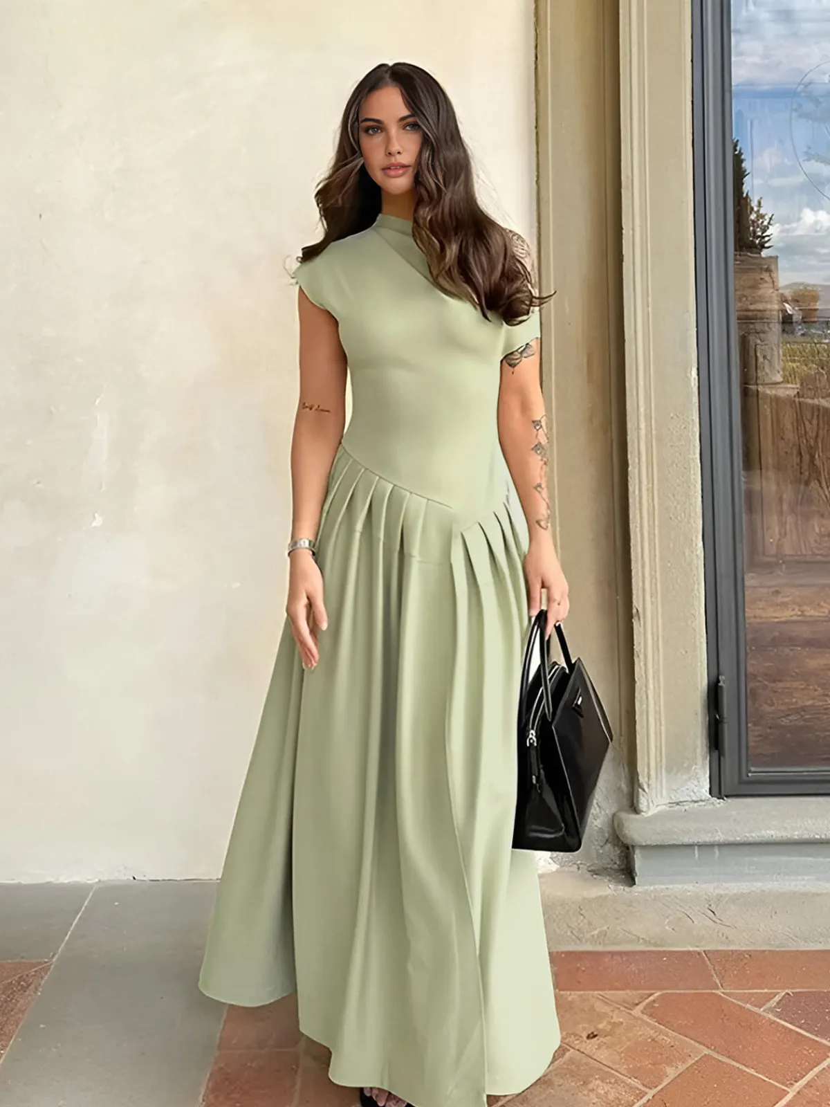 Outlet One Shoulder Pleated Split Long Dress Work Dresses|Vacation Dresses