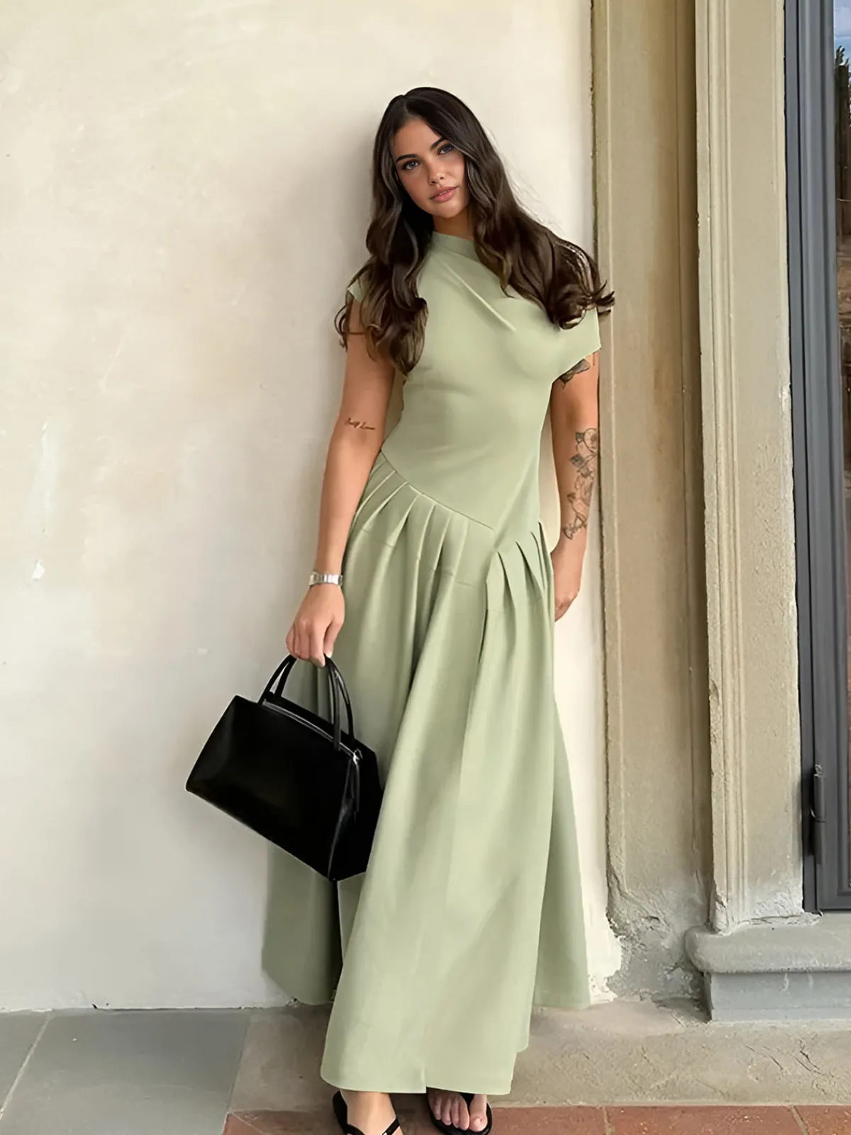 Outlet One Shoulder Pleated Split Long Dress Work Dresses|Vacation Dresses