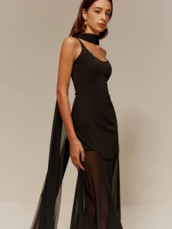 Clearance One Strap Long-Ribbon Chiffon Dress Black Dresses|Cocktail & Party Dresses