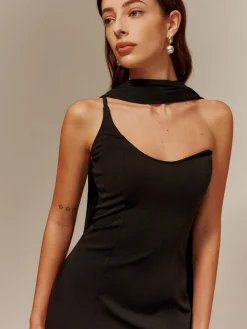 Clearance One Strap Long-Ribbon Chiffon Dress Black Dresses|Cocktail & Party Dresses