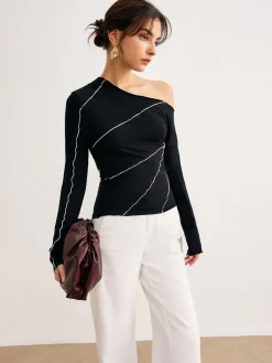 Hot One-Shoulder Contrast Piping Skinny Blouse Blouses & Shirts|Tops