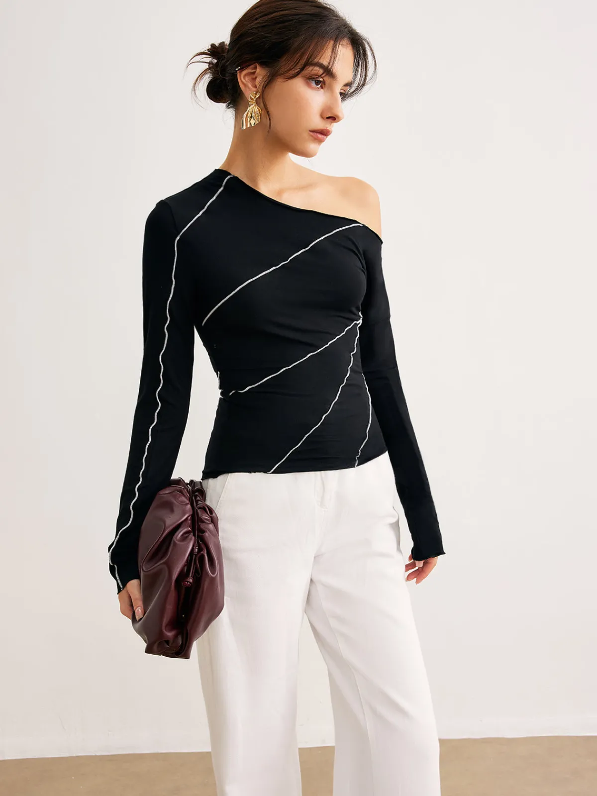 Hot One-Shoulder Contrast Piping Skinny Blouse Blouses & Shirts|Tops