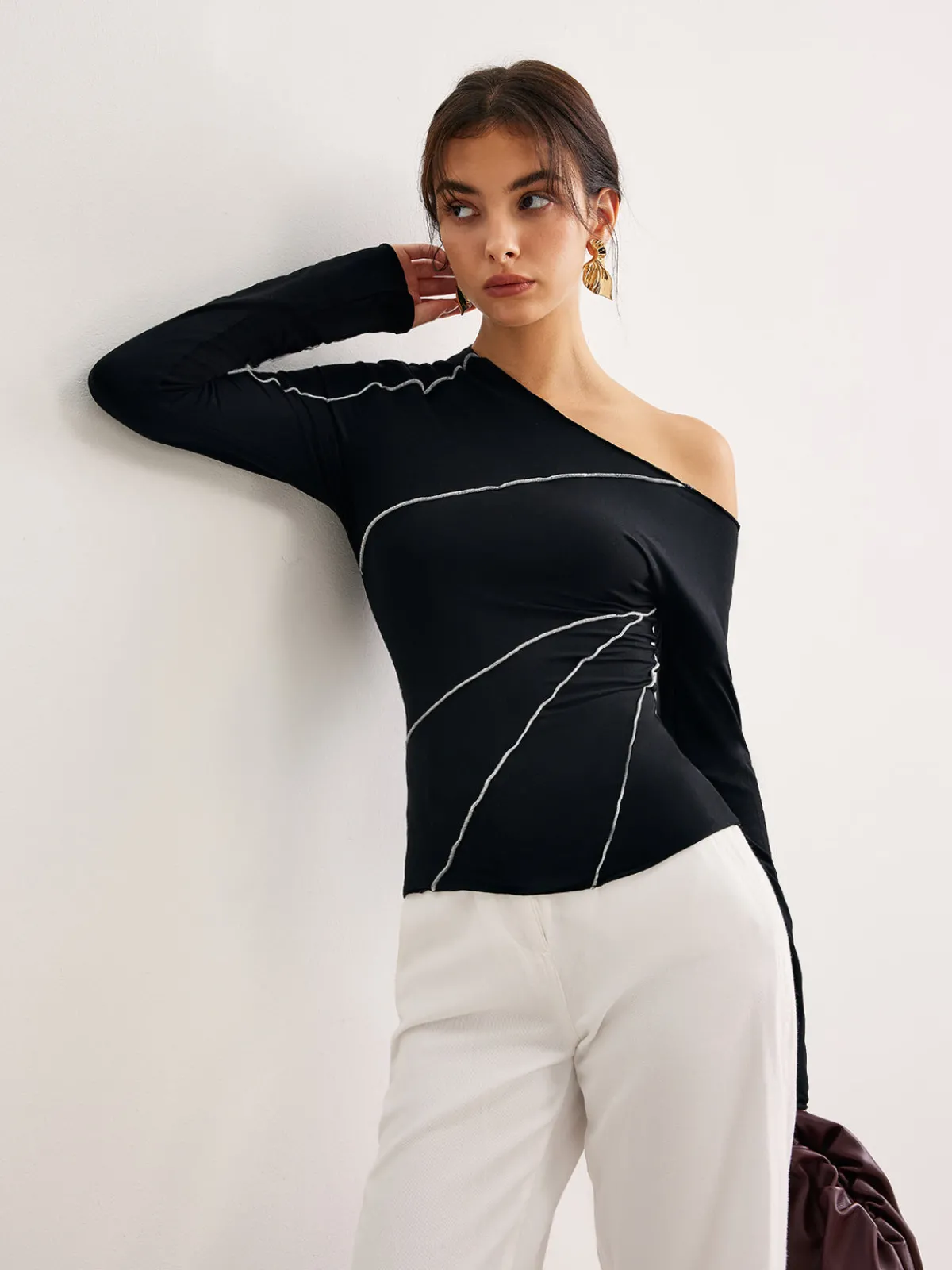 Hot One-Shoulder Contrast Piping Skinny Blouse Blouses & Shirts|Tops