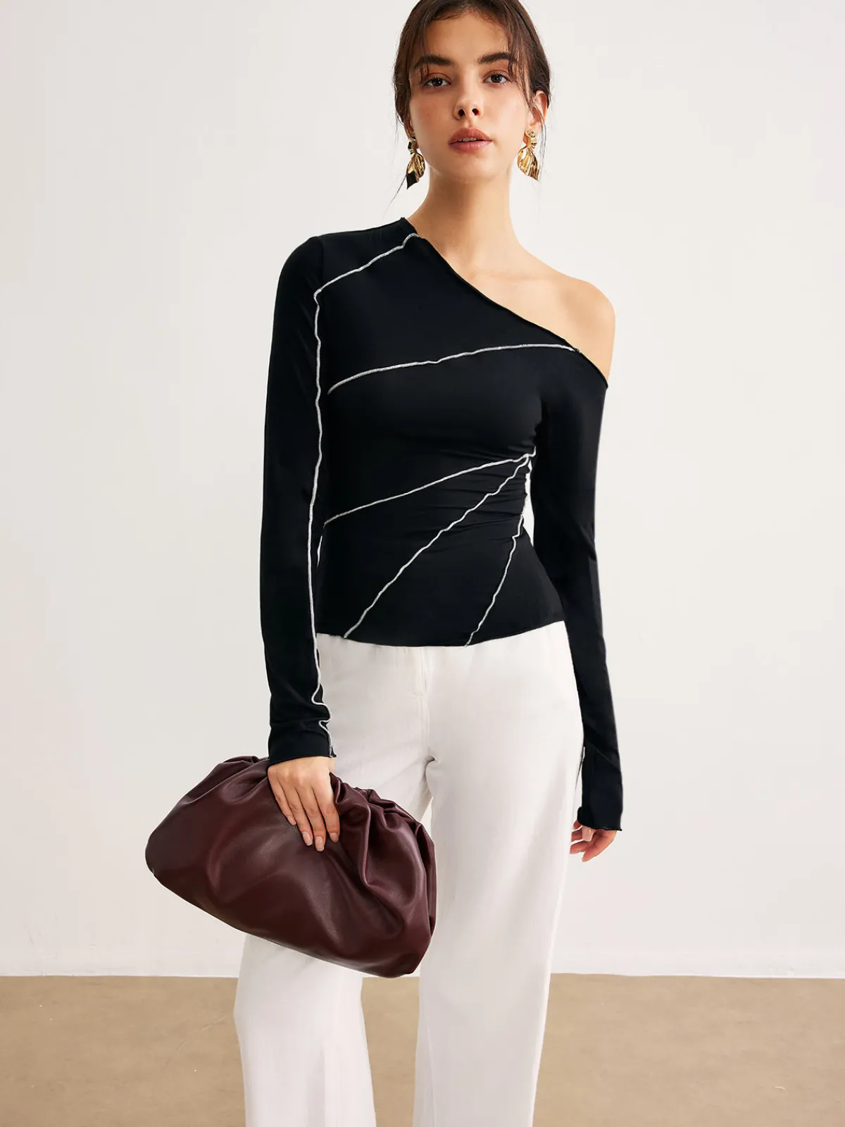 Hot One-Shoulder Contrast Piping Skinny Blouse Blouses & Shirts|Tops