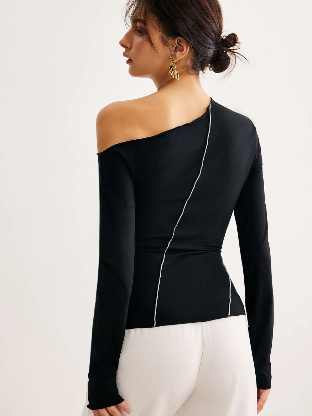 Hot One-Shoulder Contrast Piping Skinny Blouse Blouses & Shirts|Tops