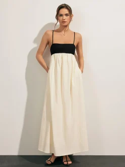 Discount Open Back Contrast Pocket Long Dress Casual Dresses|Vacation Dresses