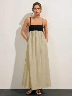 Discount Open Back Contrast Pocket Long Dress Casual Dresses|Vacation Dresses