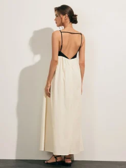 Online Open Back Contrast Pocket Long Dress White Dresses|Casual Dresses