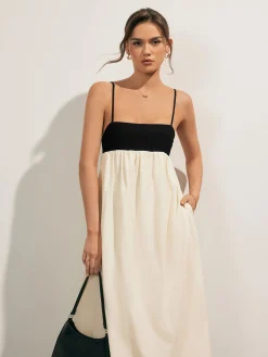 Online Open Back Contrast Pocket Long Dress White Dresses|Casual Dresses