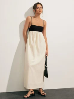 Online Open Back Contrast Pocket Long Dress White Dresses|Casual Dresses
