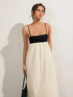 Online Open Back Contrast Pocket Long Dress White Dresses|Casual Dresses