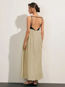 Online Open Back Contrast Pocket Long Dress White Dresses|Casual Dresses