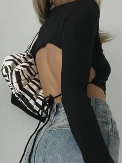 Outlet Open Back Long Sleeve Crop Shirt Sweater Tops|Crop Tops