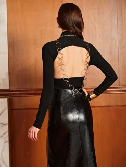 Open Back Long Sleeve T-Shirt With O-Ring Chain T-shirts|Tops
