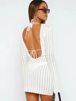 Hot Open Back Mini Knit Dress White Dresses|Sweater Dresses