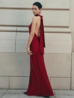 Open Back Satin Halter Dress Casual Dresses|Cocktail & Party Dresses